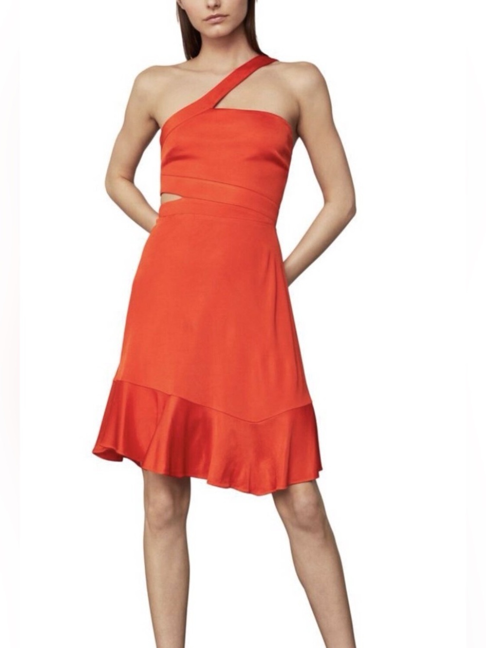 BCBG One-Shoulder Bright Orange Ruffle-Hem Dress